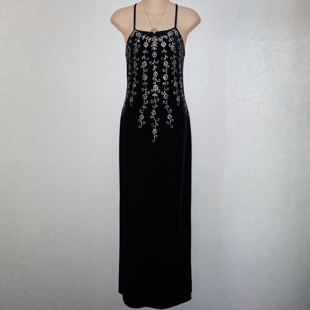 Vintage Status Collection Black Velvet‎ Maxi Dress Silver Floral Formal